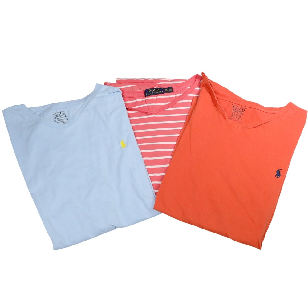 Polo Ralph Lauren V-Neck T-Shirt Bundle Men XXL Blue Pink Striped Orange Lot 3